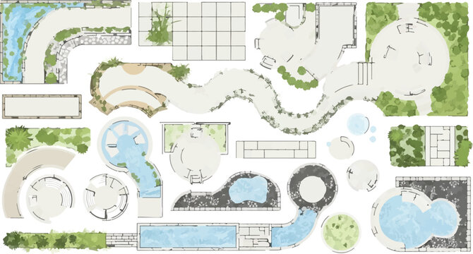 Landscape design elements vector set, architectural garden plan symbols with swimming pools and stone pathways, outdoor backyard landscaping layout icons for site planning isolated PNG with