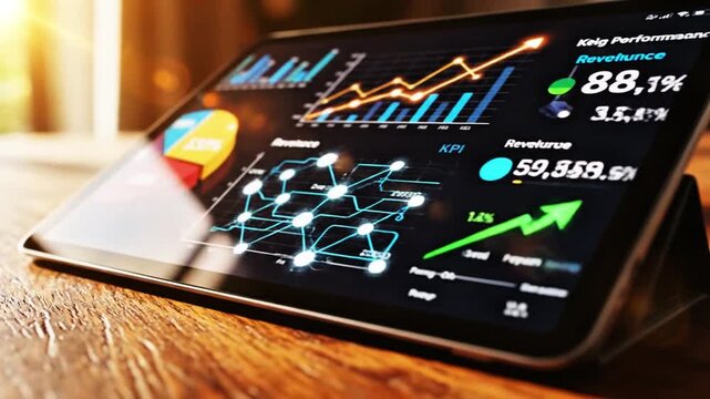 Digital tablet displaying financial data and stock market charts representing business analytics and investment growth on a wooden desk