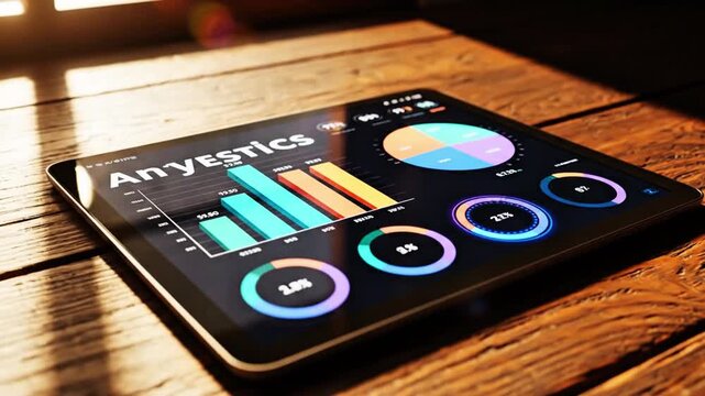 Digital tablet displaying colorful financial charts and graphs perfect for business analytics data visualization and financial reporting on a wooden desk