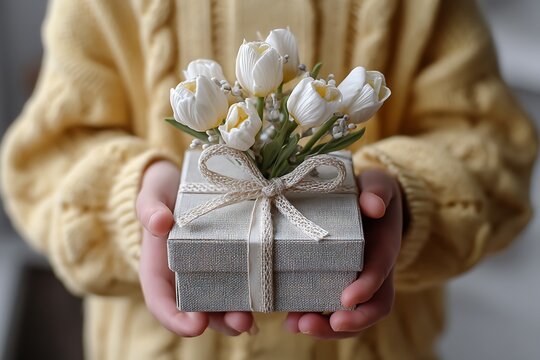 The child's hands holding a beautiful gift box with a ribbon and white tulips, offering a heartwarming Mothera??s Day surprise