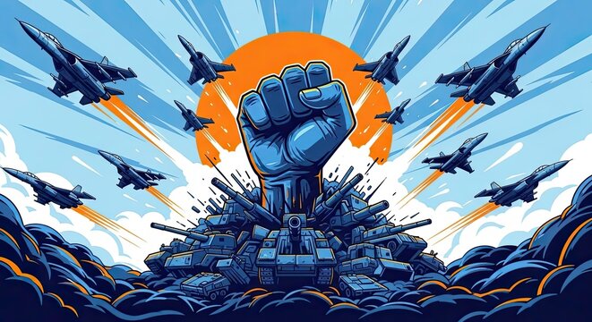 Fist of steel rising above a war zone with fighter jets
