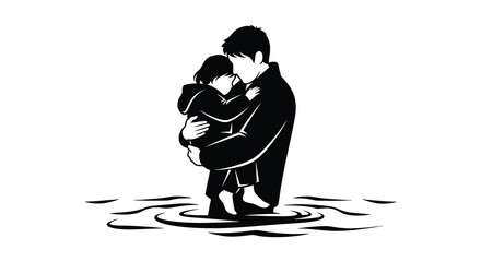 A tender moment captured in a striking black and white image of a father embracing his child a beautiful silhouette © mrvect02