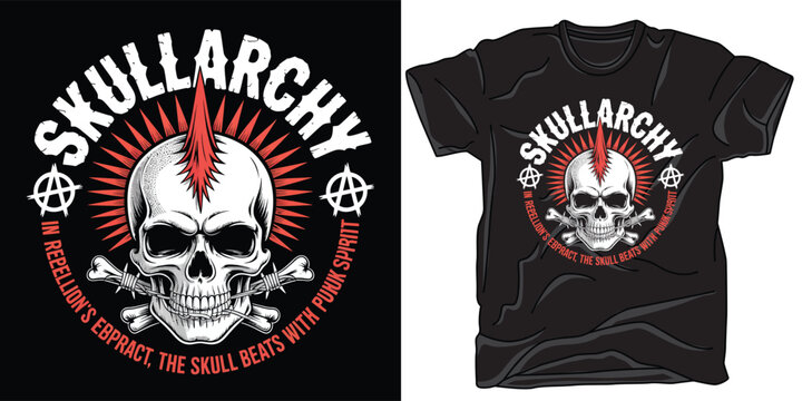 Skullarchy punk rock skull t-shirt design with mohawk and crossed bones illustration.