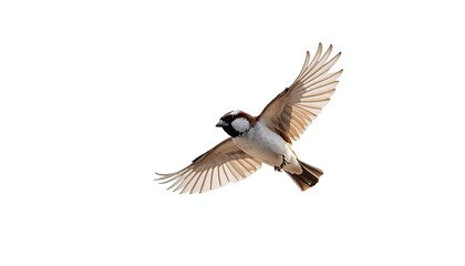 Obraz premium A small brown and white house sparrow gracefully flies with its wings fully extended on a clean white background.