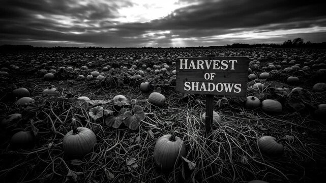 Pumpkin Patch "Harvest of Shadows" - A wide field of pumpkins stretches to the horizon under a dramatic sky with sunbeams.