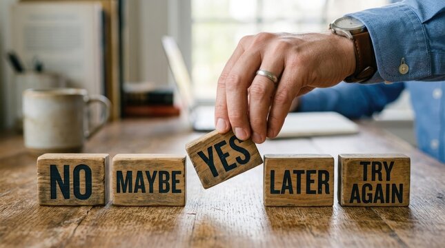 Person placing wooden block with yes on a table with other blocks saying no maybe later try again  decision making concept