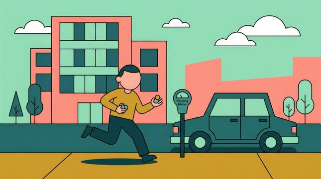 A person rushing towards a parking meter while holding items in hands