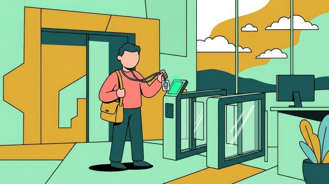 An illustration showing an employee scanning a badge at an entry point to access the area