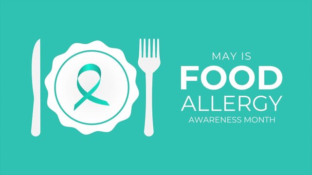 Clean medical animation highlighting Food Allergy Awareness Month with minimal ribbon and food icon concept in smooth motion.