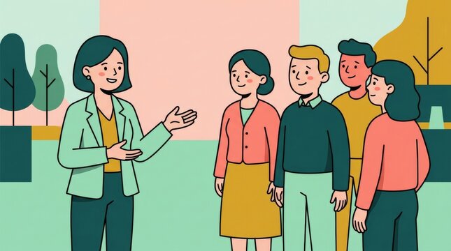 A leader is engaging in a discussion with her team in a colorful illustration