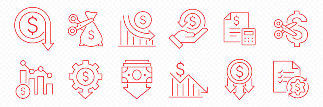 Cost Reduction and Business Efficiency Icon Set. Money Saving Symbols with Dollar Sign, Down Arrow, Decreasing Bar Chart, and Cog Gear. Two-Tone Blue Vector Assets for Financial Planning & Budget Cuts