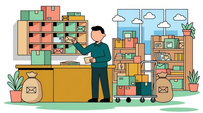 A mail room worker organizing packages and envelopes in a modern mailroom setup