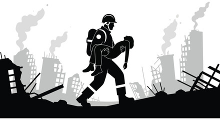 A firefighter bravely carries an unconscious person from a disaster zone amidst rubble and smoke a striking silhouette high quality professional © mrvect02