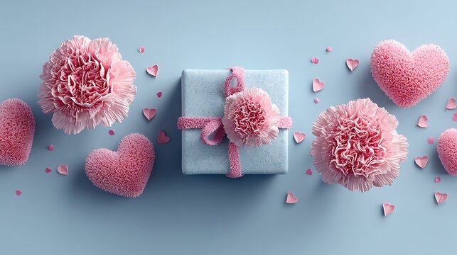 Holiday design template with realistic pink carnation flowers, a gift box, and paper hearts on a blue background, perfect for promotional materials