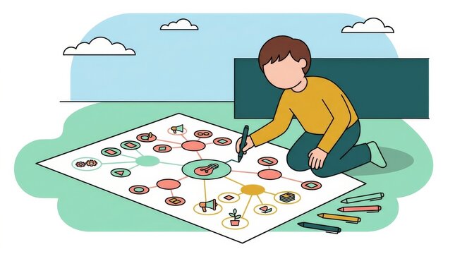 A young person creating a mind map on the ground using colored markers