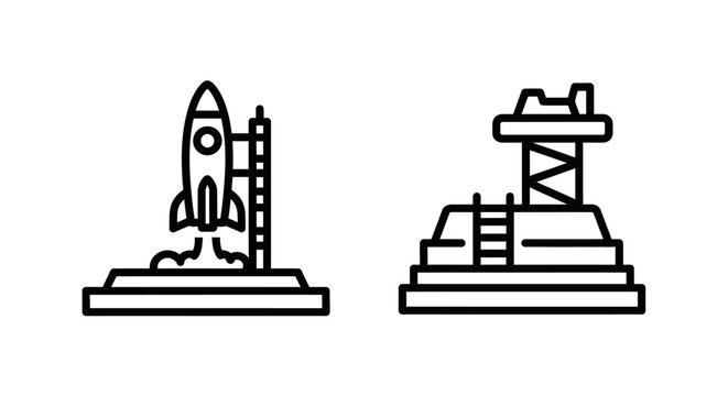 Space rocket launch pad icon set, vector illustration of shuttle blast off and launch tower, clean outline symbols for aerospace and exploration graphic resources