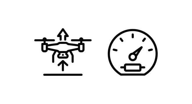 Aerial drone altitude measurement icon with meter gauge displaying flight height control and uav performance, minimal line art vector graphic
