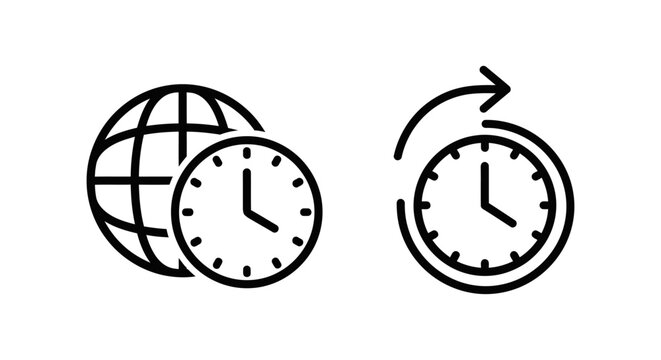 Global timezone settings and clock adjust icons featuring a world globe and circular arrows for international time management and synchronization concepts in line art graphic style elements art
