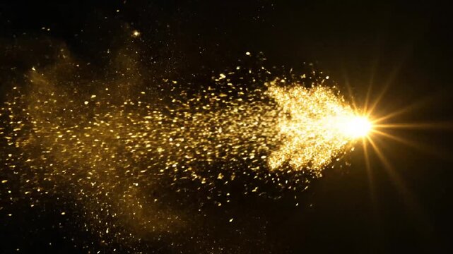 Golden glittering particles forming an arrow shape with bright light burst