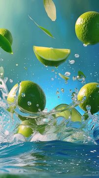 Fresh green limes splash into water, creating droplets and ripples. Bright blue background enhances the vibrant colors of the fruit and leaves.