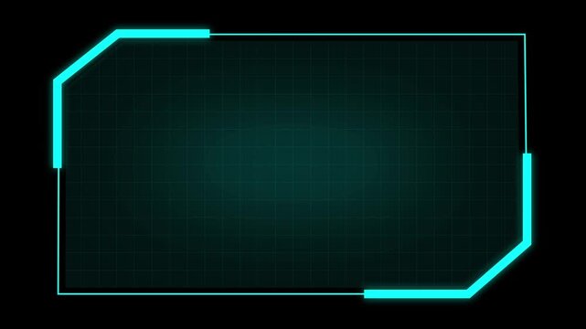 Cyan glowing rectangular frame border for futuristic head-up display. Cyan glowing rectangular frame border animation for digital themes.