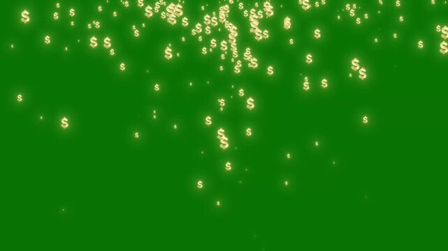 Golden dollar sign fountain animation on green screen, USD symbols flowing and floating in loop, glowing money icons with transparent alpha channel, dynamic financial growth concept 4K backdrop