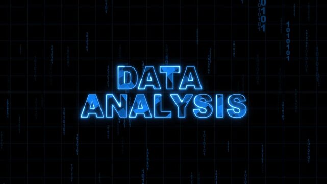 Data analysis text in glowing blue neon font. Data analysis text animation for data themes. Data analysis text visual for analytical projects.
