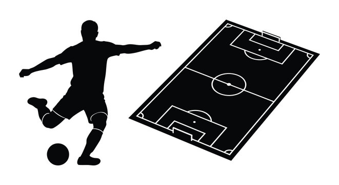 A black silhouette of a soccer player poised to kick a ball over a field showcasing dynamic motion silhouette high quality
