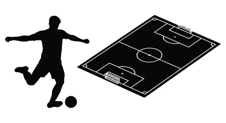 A black silhouette of a soccer player mid kick positioned above a detailed soccer field diagram silhouette high quality professional modern elegant © mrvect02