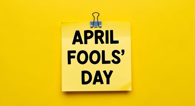 April Fools' Day text on yellow sticky note, vibrant holiday reminder with binder clip, minimalist office stationery for prank celebration
