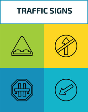 traffic signs outline icon set. 4 linear vector for ui, web and mobile. thin line humps, no straight, motorway, keep left icons.