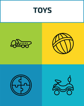 toys outline icon set. 4 linear vector for ui, web and mobile. thin line truck toy, beach ball toy, puzzle toy, ride on icons.