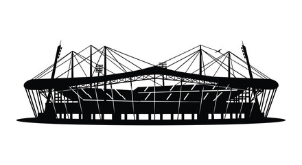 A striking black silhouette of a large stadium with a complex roof structure evoking grandeur and scale silhouette high quality professional © mrvect02