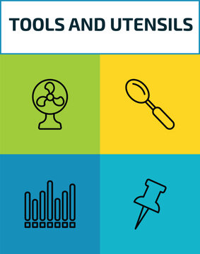 tools and utensils outline icon set. 4 linear vector for ui, web and mobile. thin line table fan, large spoon, sound wave bars, tack save button icons.
