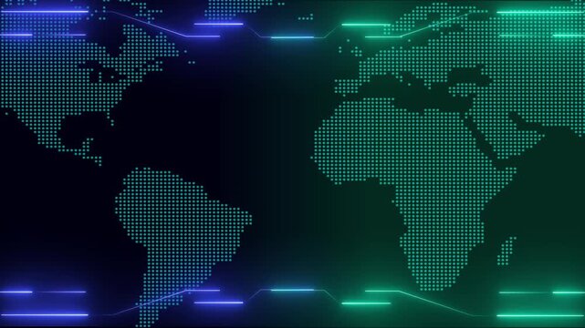 Global data flow over a digital world map with neon light trails. Global data flow animation for technology and connectivity concepts. Global data flow visual for digital presentations.