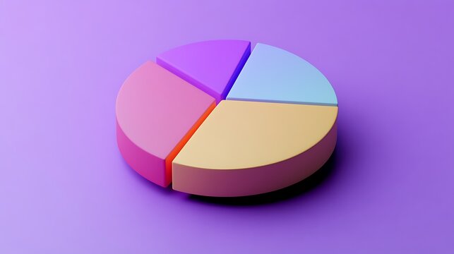 A 3D pie chart divided into four sections on a solid purple background for data visualization and business presentation