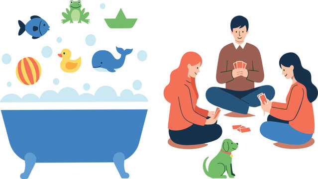 Family leisure time at home playing card game with pet dog and kids bath toys illustration cozy lifestyle weekend activity flat vector design