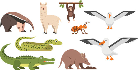 Naklejka premium Wild Animal Vector Set Featuring Anteater, Monkey, Llama, Snake, Crocodile, Ant, Seagull, and Armadillo