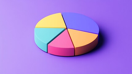 Fototapeta premium A colorful 3D pie chart with five sections on a purple background used for data visualization and statistics