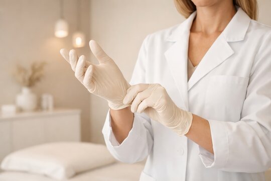 Medical professional putting on disposable gloves in clinic setting for sterile procedure and healthcare preparation background