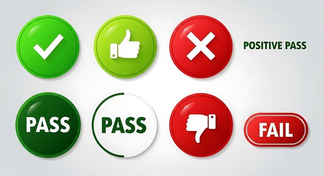 Collection of pass and fail buttons with various symbols