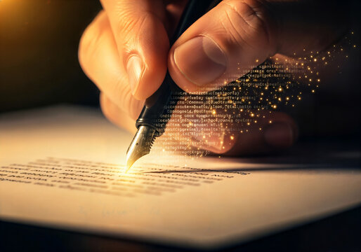 Pen Writing Golden Binary Code Stream &ndash; Digital Data and Technology Concept
Hand writing with pen releasing glowing binary numbers on dark reflective background.