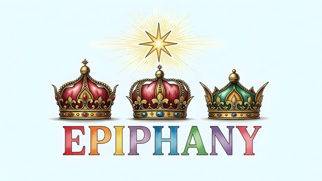 Three Kings Crowns with Star and Epiphany Text &ndash; Colorful Holiday Illustration
Bright ornate crowns above glowing star and rainbow Epiphany text on light blue background.