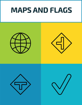 maps and flags outline icon set. 4 linear vector for ui, web and mobile. thin line earth gobe, road left side, t road intersection, mark icons.