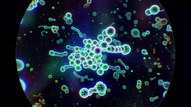 Microscopic view of glowing blue cells with colorful centers through a microscope lens on a dark background for science or medical use