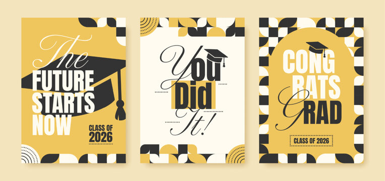 Graduation poster set with class of 2026 messages and modern typography design. Vector illustration