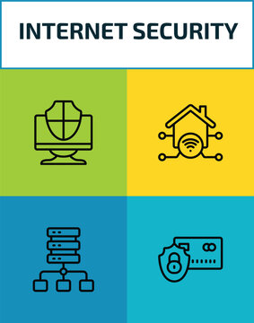 internet security outline icon set. 4 linear vector for ui, web and mobile. thin line computer security, home network, proxy server, secure payment icons.