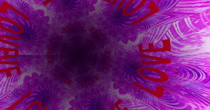 Animation presents bright colors and swirling designs with repeated text of love across four frames