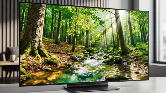 Vibrant forest scene displayed on a modern, high-definition television screen in a contemporary living space