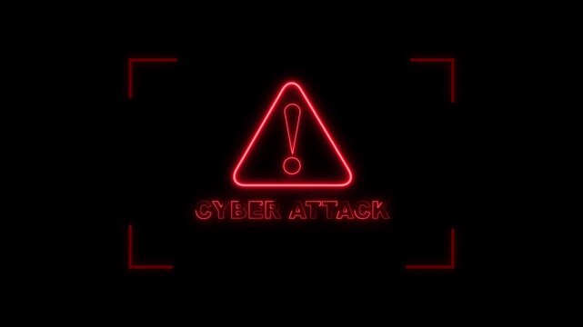 Neon warning sign indicating cyber attack on digital matrix background. Neon warning sign animation for cybersecurity concepts. Neon warning sign visual for technology themes.